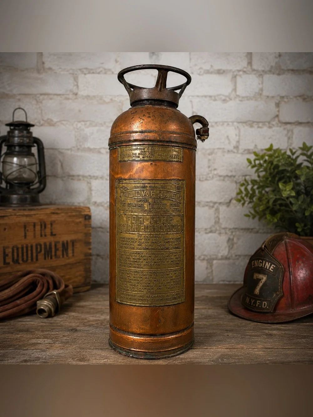 Vintage General Detroit Floafome 833 Copper Brass Fire Extinguisher 23” - Decor